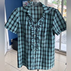 Plaid Button-Up Shirt with Ruffle Detail